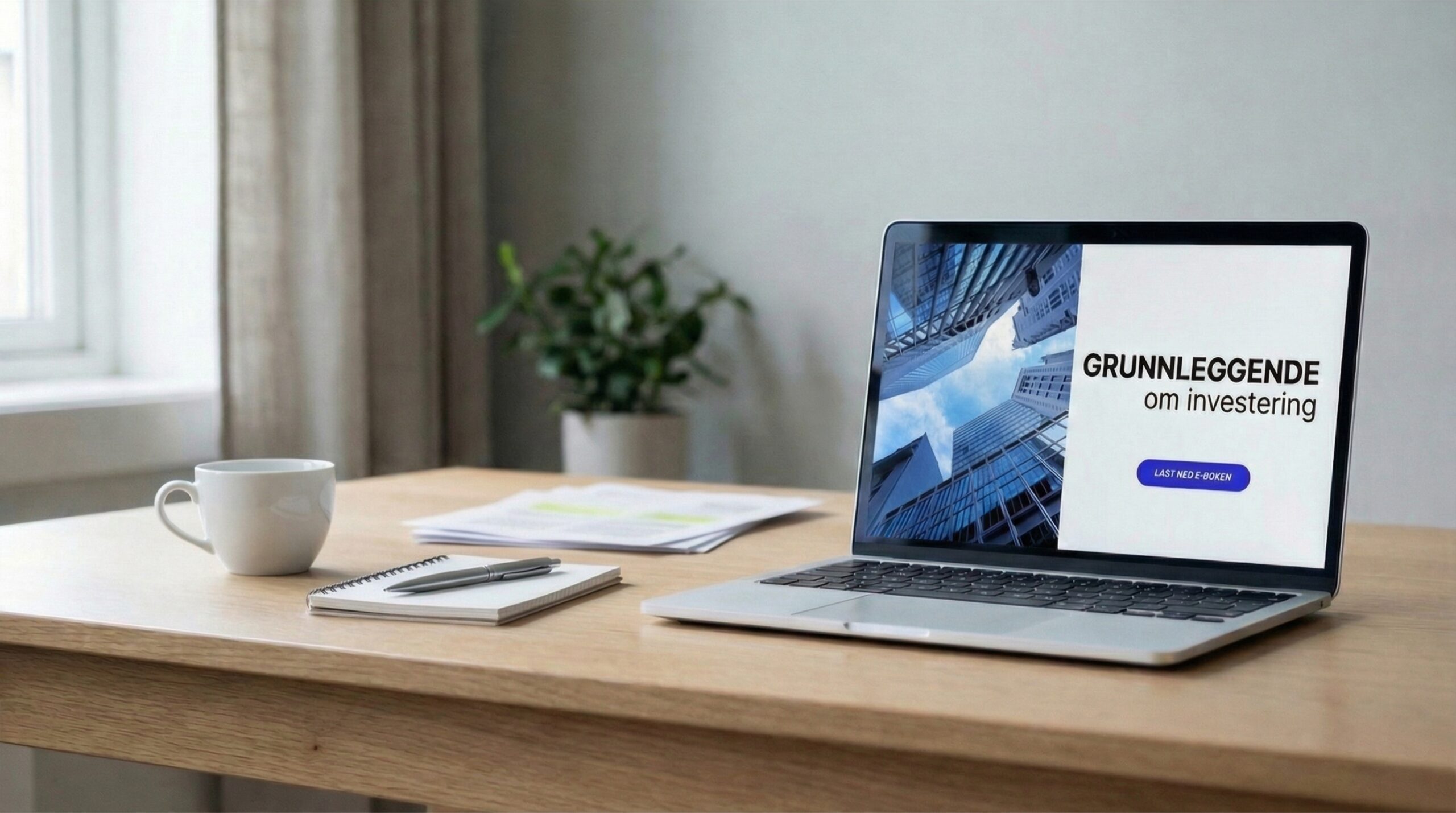 Laptop på trebord viser e-boken Grunnleggende om investering med nedlastingsknapp, ved siden av kaffekopp og notatbok