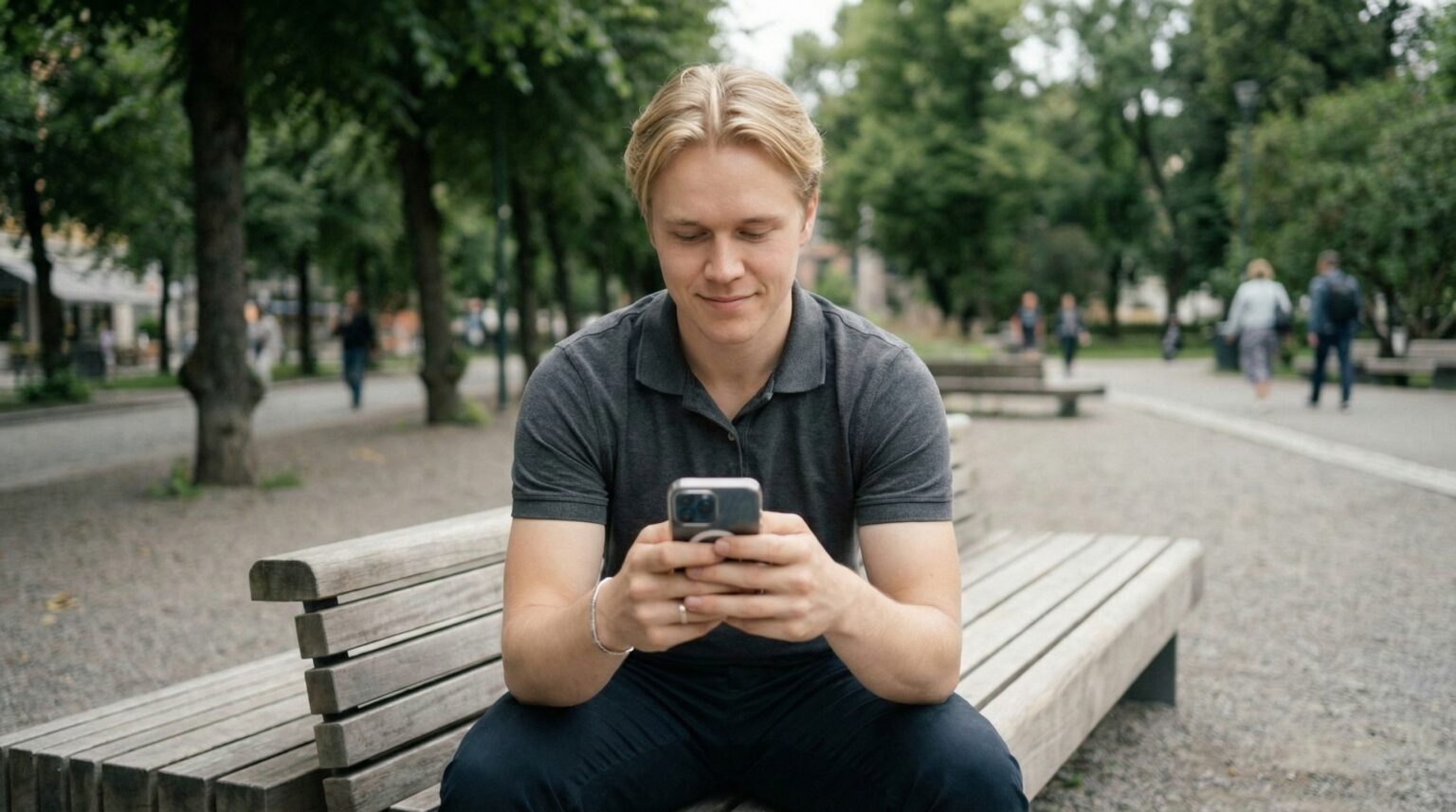 Ung mann med blondt hår sitter på benk i park og sjekker mobiltelefonen, omgitt av trær