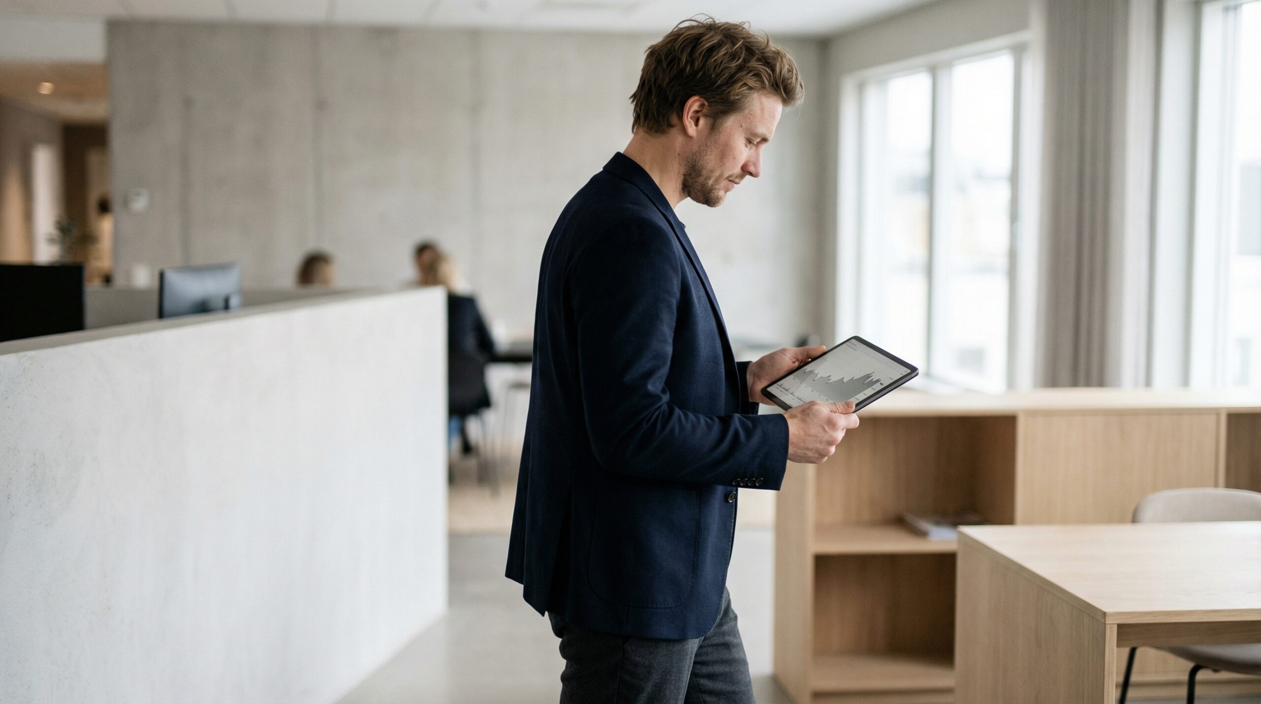 Mann i mørk blazer med nettbrett i hånden, stående i et lyst moderne kontor