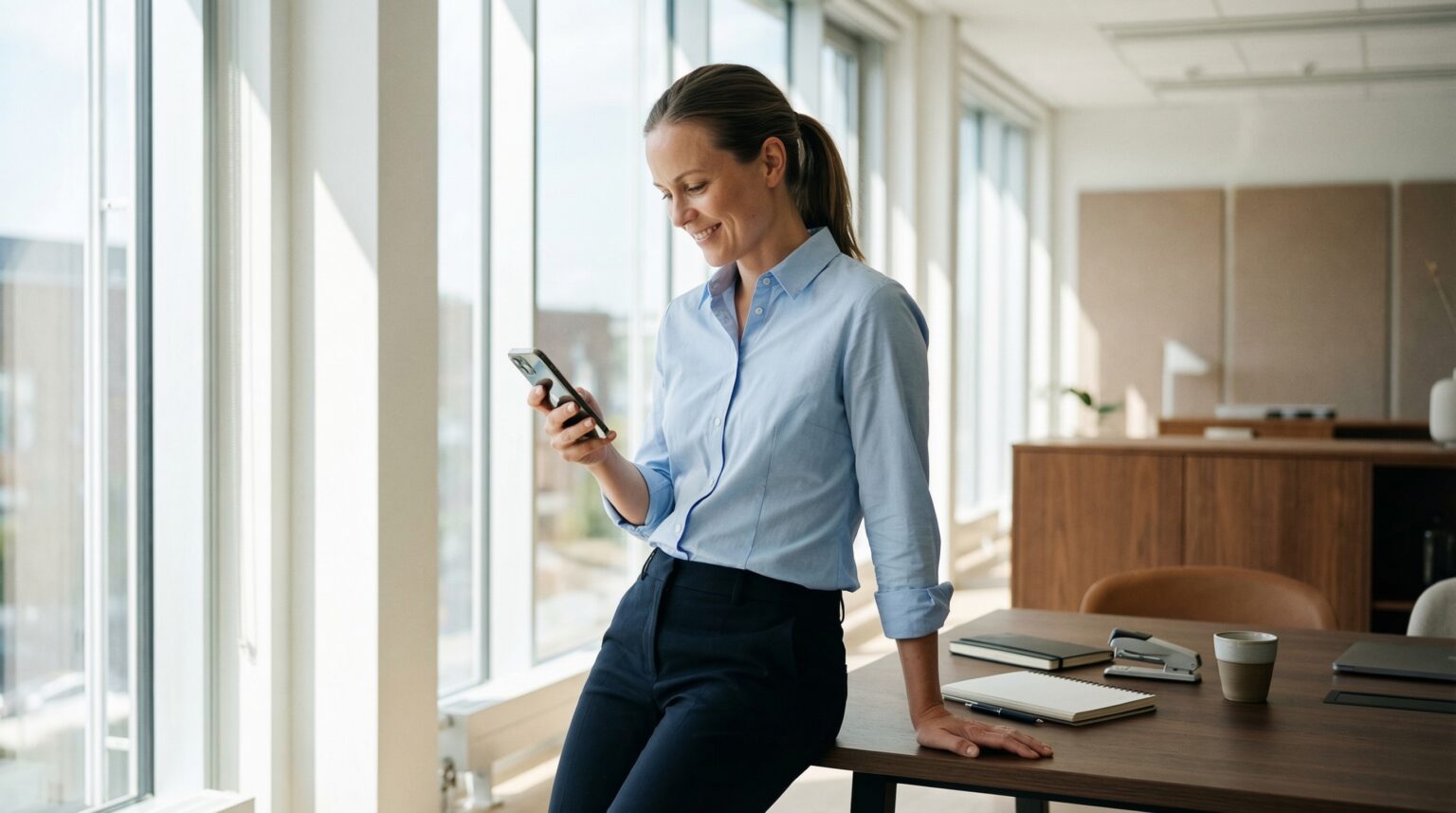 Selvsikker norsk kvinne i blå skjorte smiler og ser på smarttelefon i lyst moderne kontor – illustrasjon til e-bok om å tjene penger på aksjemarkedet
