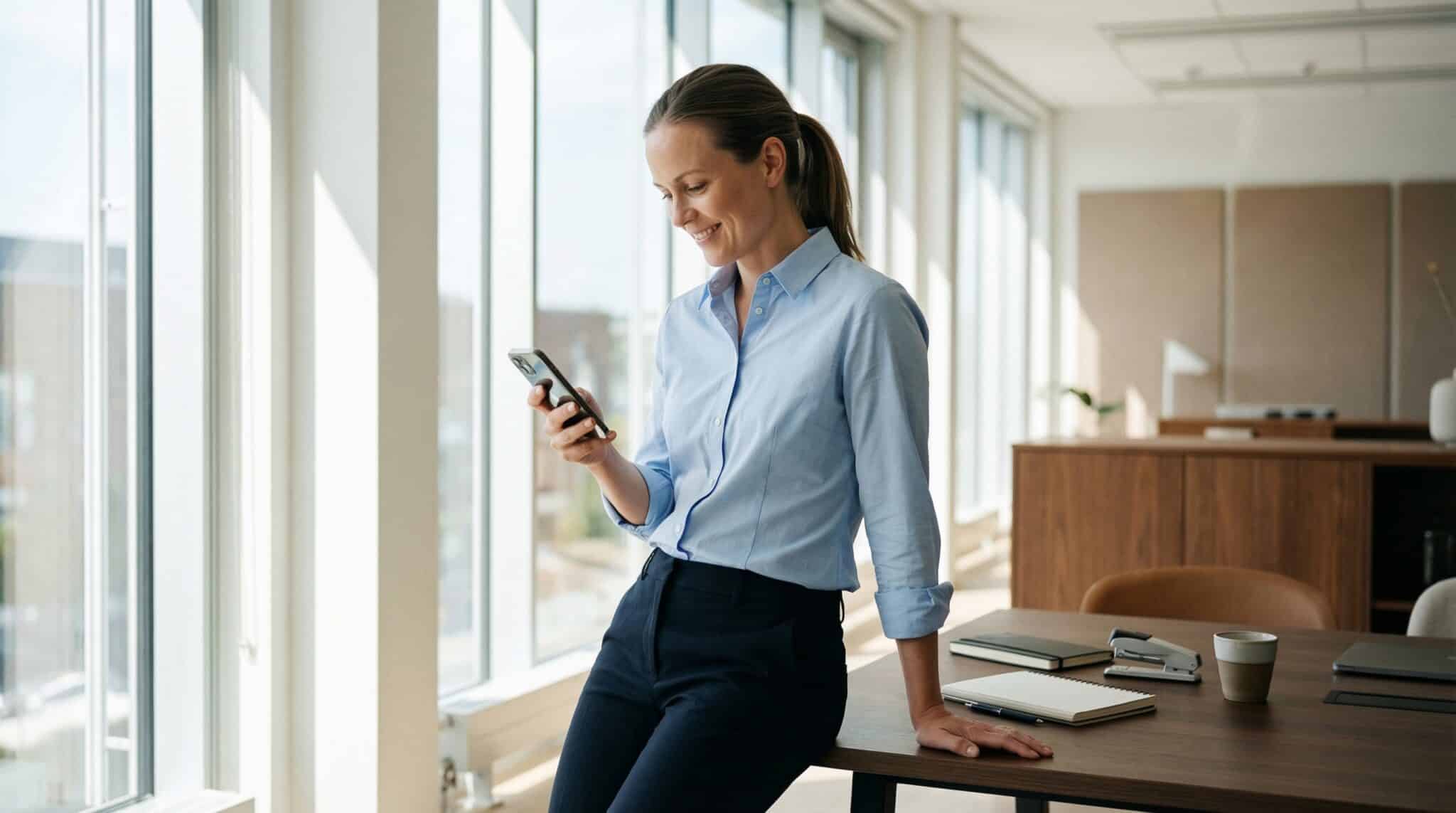 Selvsikker norsk kvinne i blå skjorte smiler og ser på smarttelefon i lyst moderne kontor – illustrasjon til e-bok om å tjene penger på aksjemarkedet