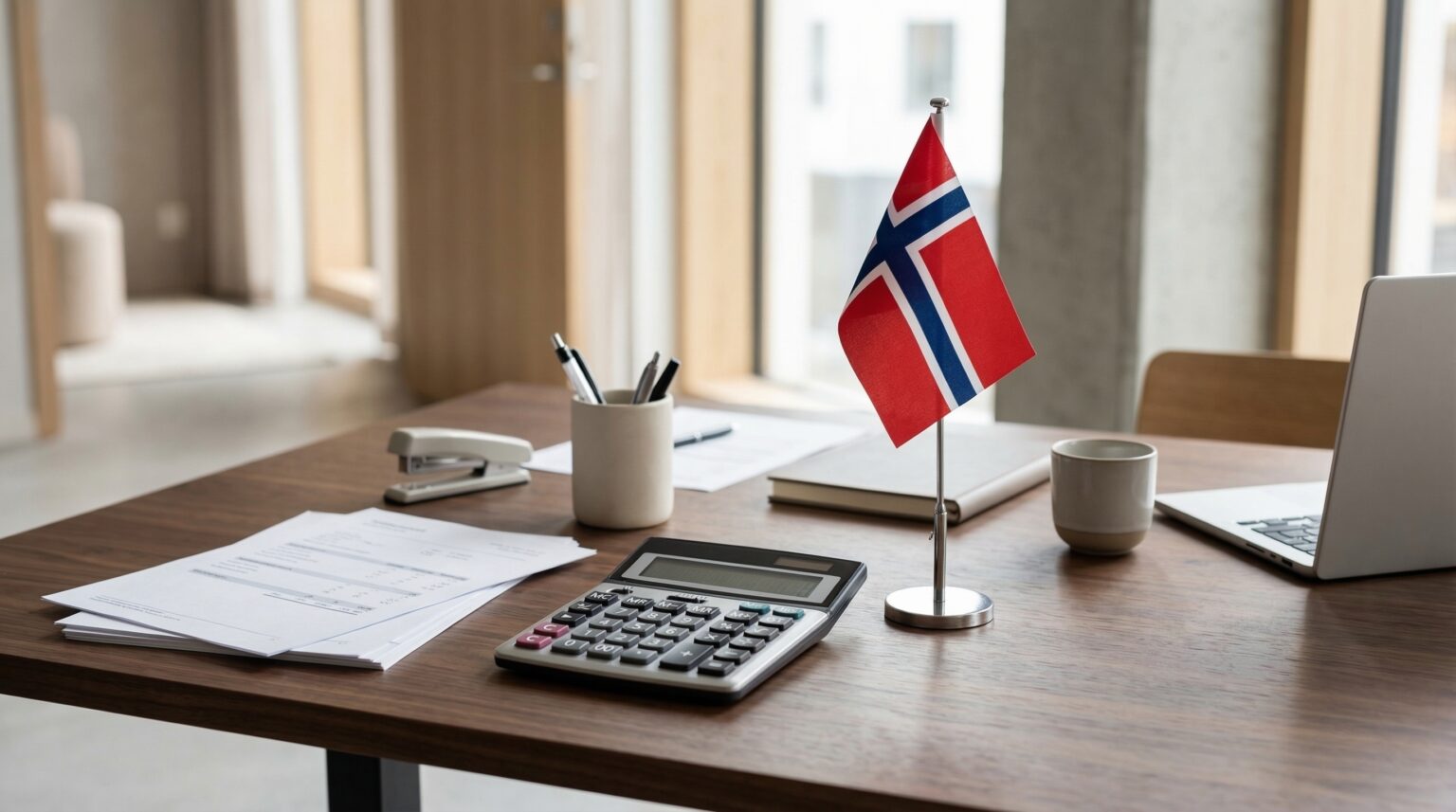 Skrivebord med norsk flagg, kalkulator, papirer og laptop – illustrasjon til artikkel om sammenligning av norske banker og investeringsprodukter