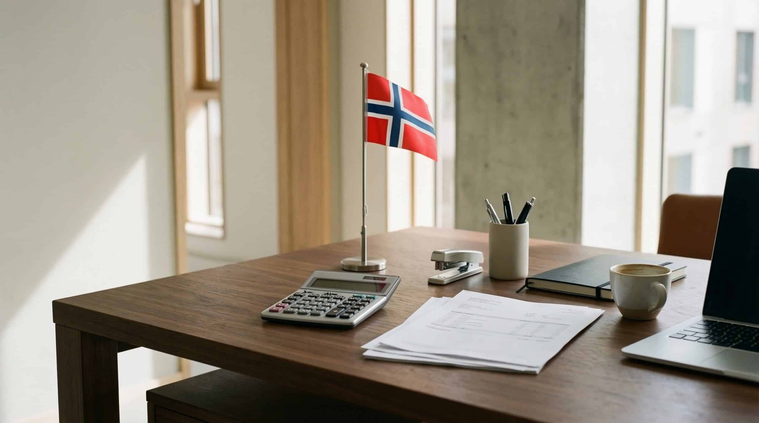 Trebordet med norsk flagg, kalkulator, blyantkopp, kaffekopp og laptop – illustrasjon for norsk investor