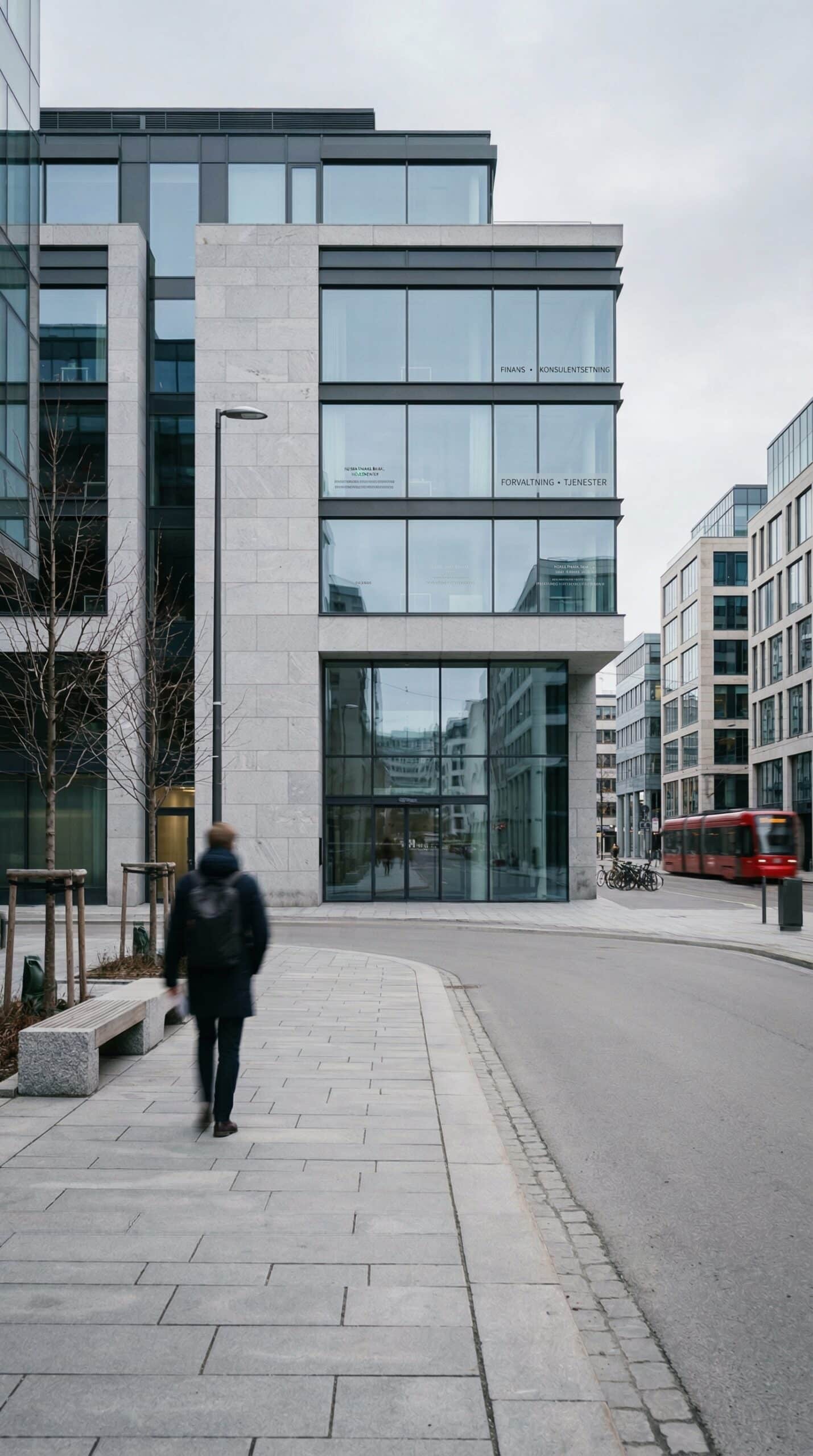 Moderne norsk finansbygg med glassfasade og person som går forbi – illustrasjon til e-bok om Topp 50 selskaper med investeringspotensial i 2026