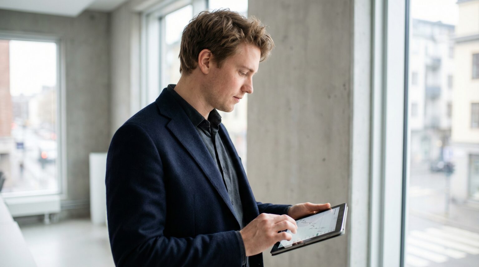 Profesjonell mann i mørk dress ser på nettbrett foran store vinduer i moderne kontor – illustrasjon til artikkel om ETF-er